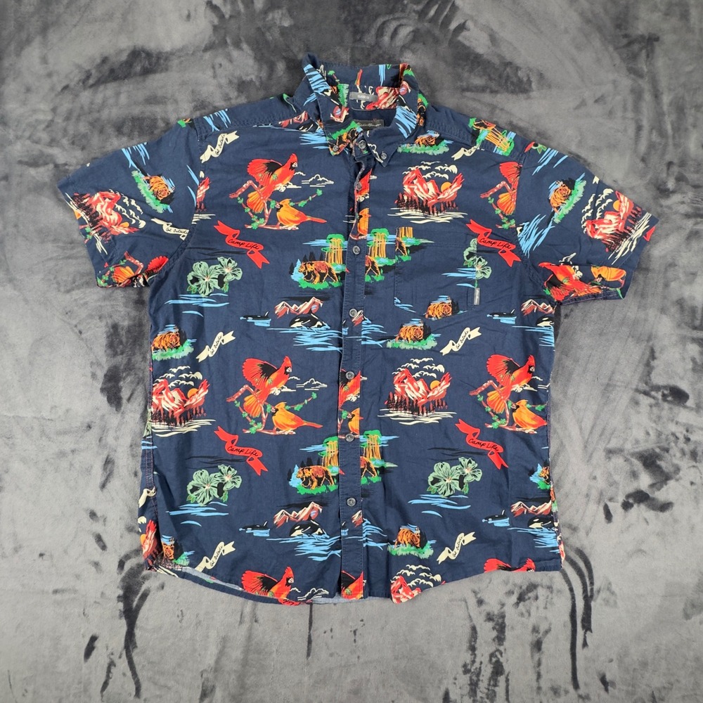 Eddie Bauer Button Down Shirt Mens XL Navy Camp Life Bear Cardinal Outdoors 4701